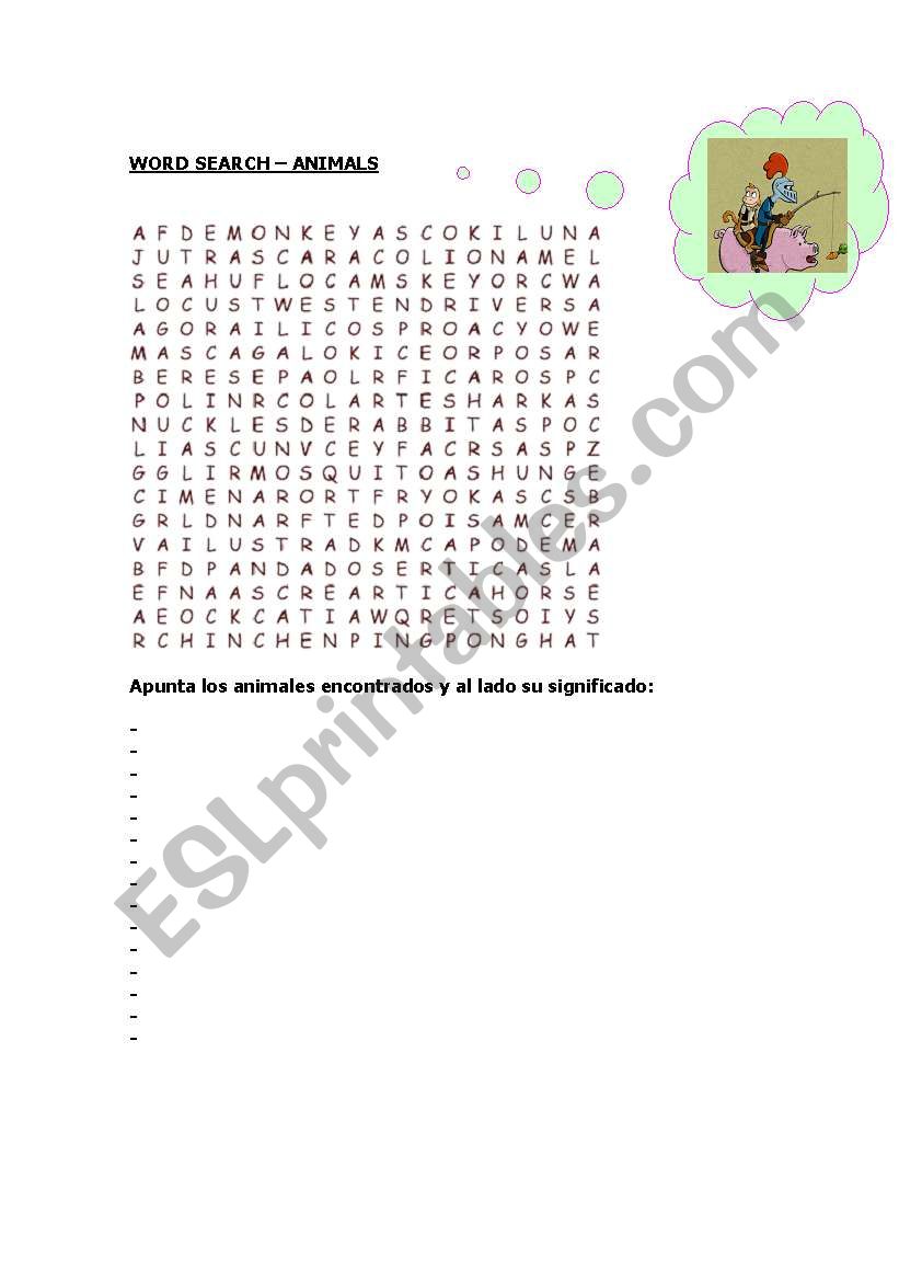 Word search animals worksheet