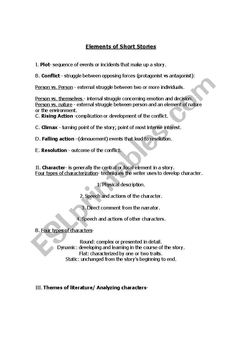 Short Story Elements worksheet