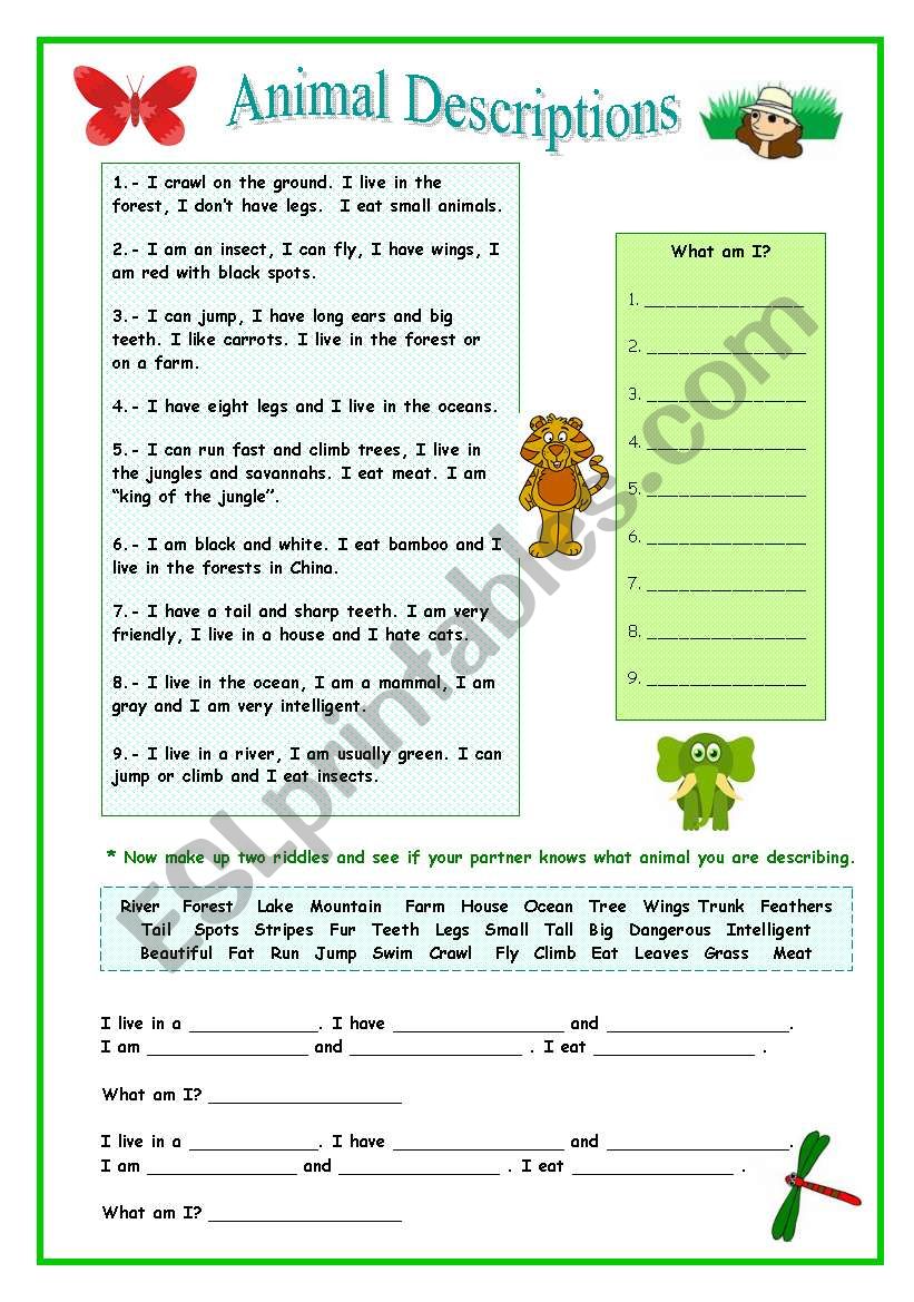 Animal Describing worksheet
