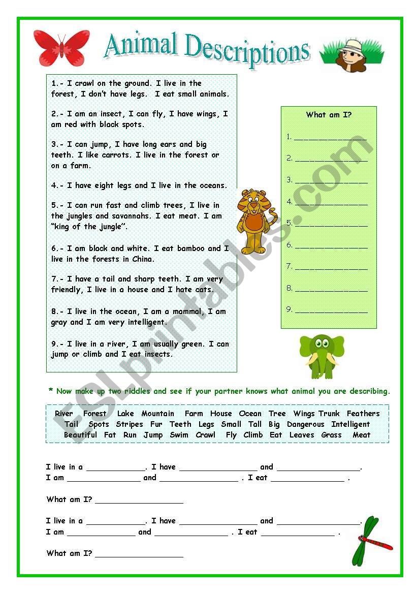 Animal Describing worksheet