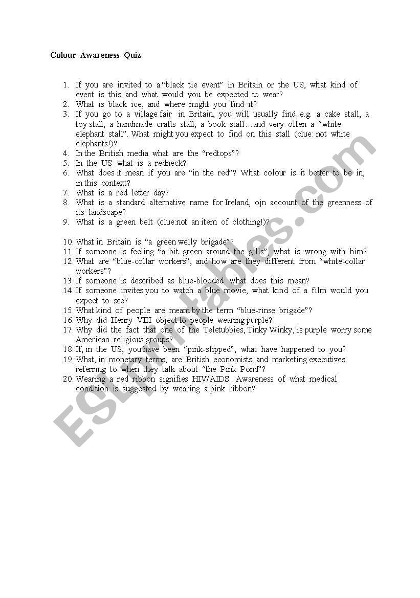 Colour Awareness Quiz worksheet