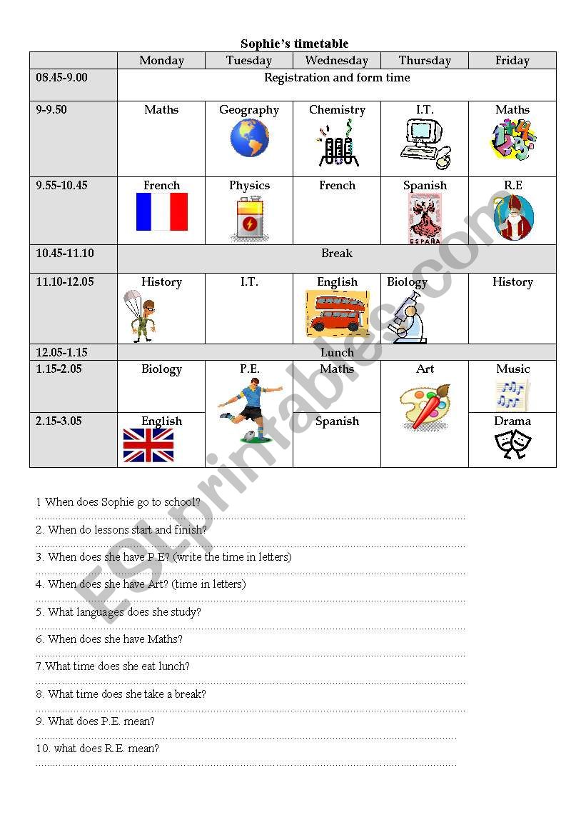 School timetable worksheet