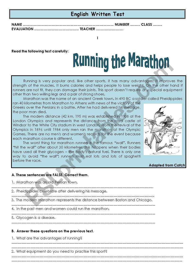 test running the marathon - ESL worksheet by Ana B
