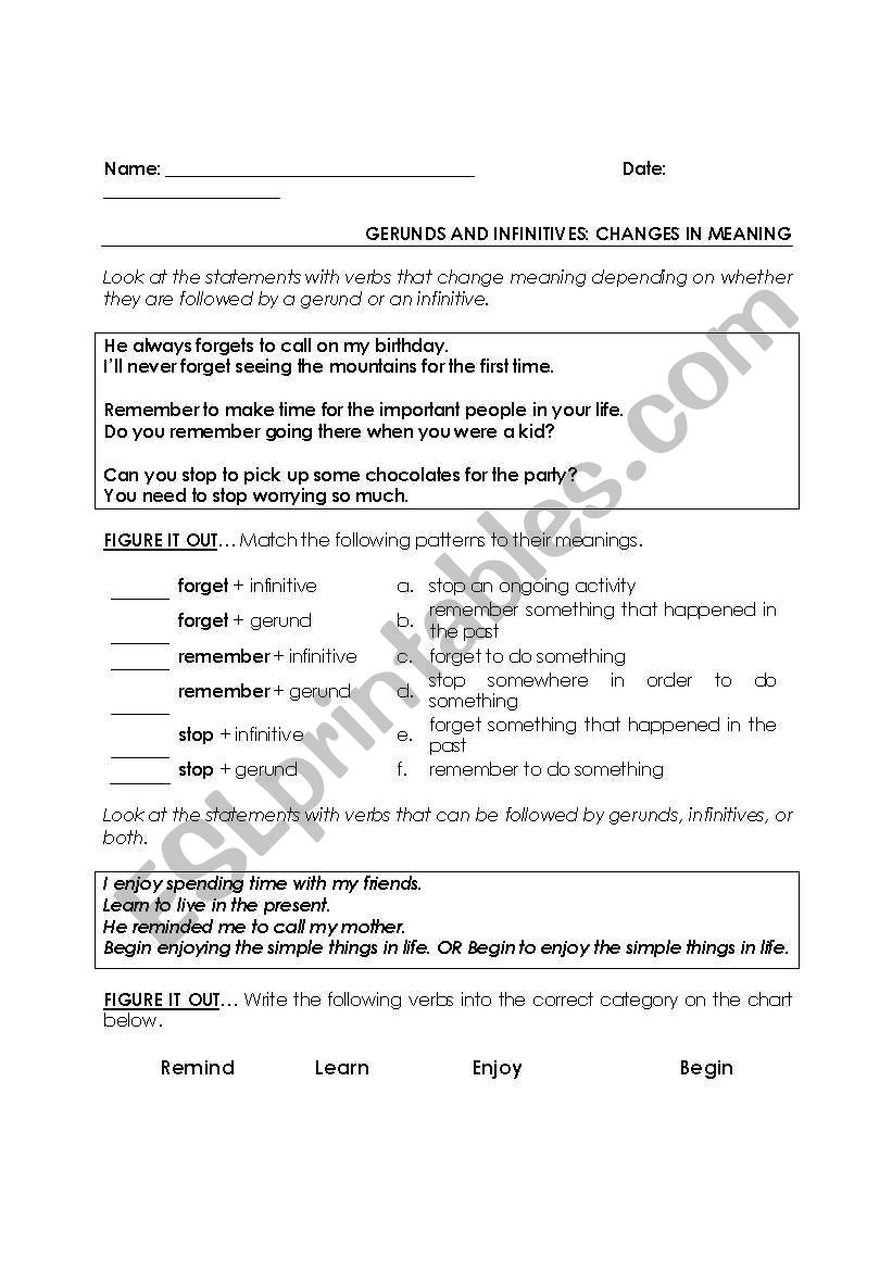 gerunds and infinitives  worksheet