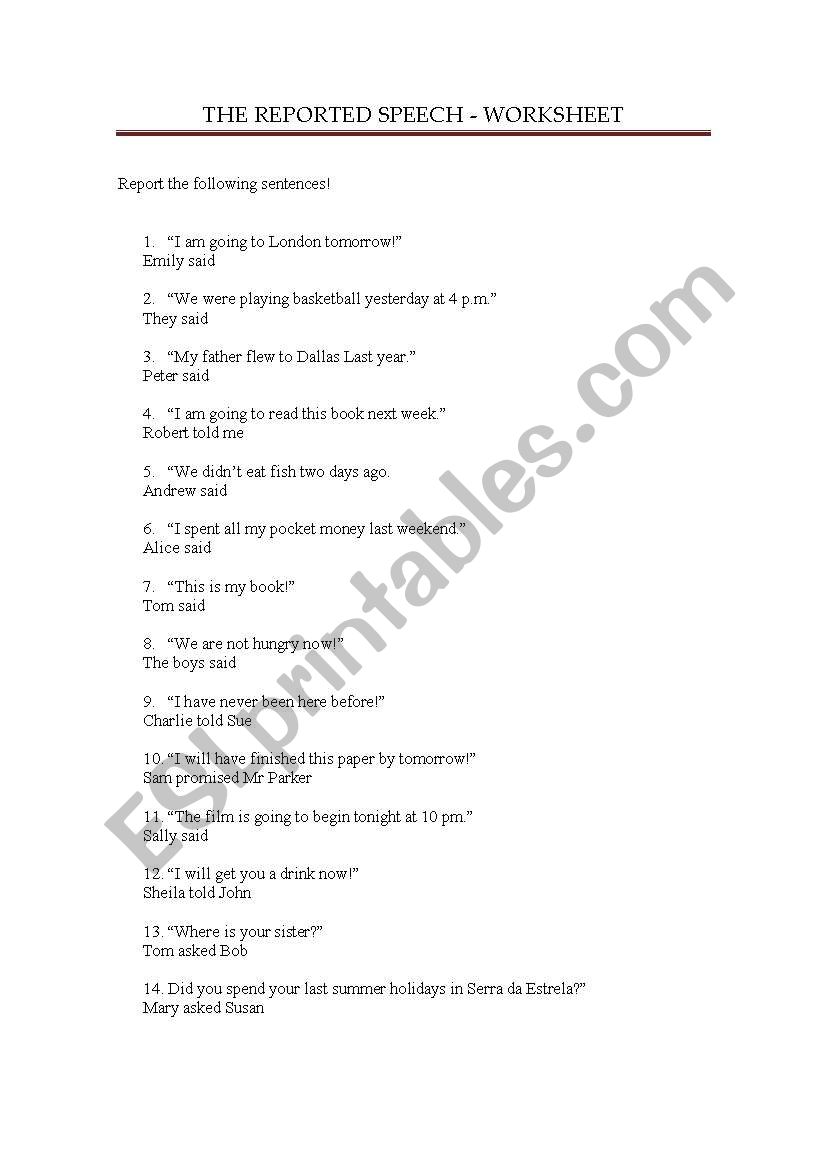 REPORTED SPEECH worksheet