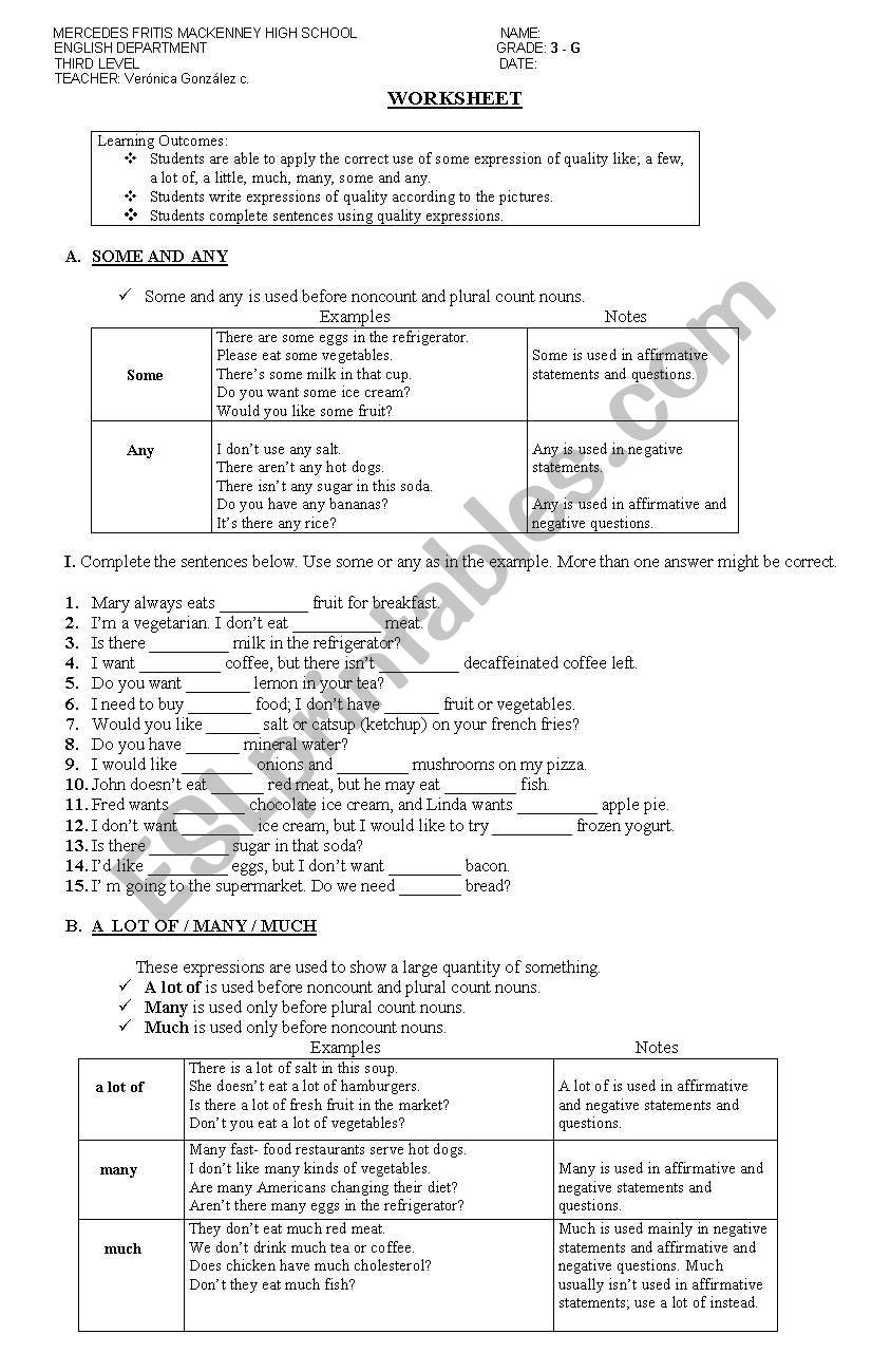 expressions of quantity worksheet