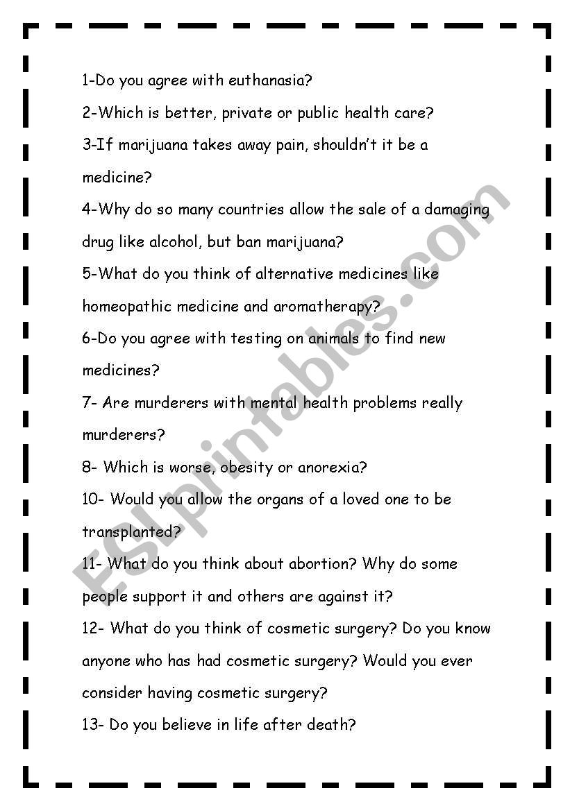 health questions worksheet