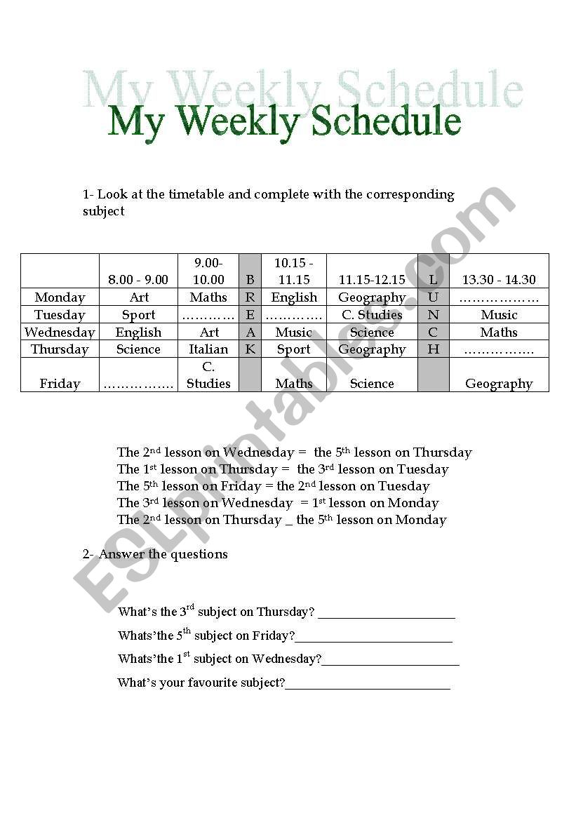 My Weekly Schedule worksheet