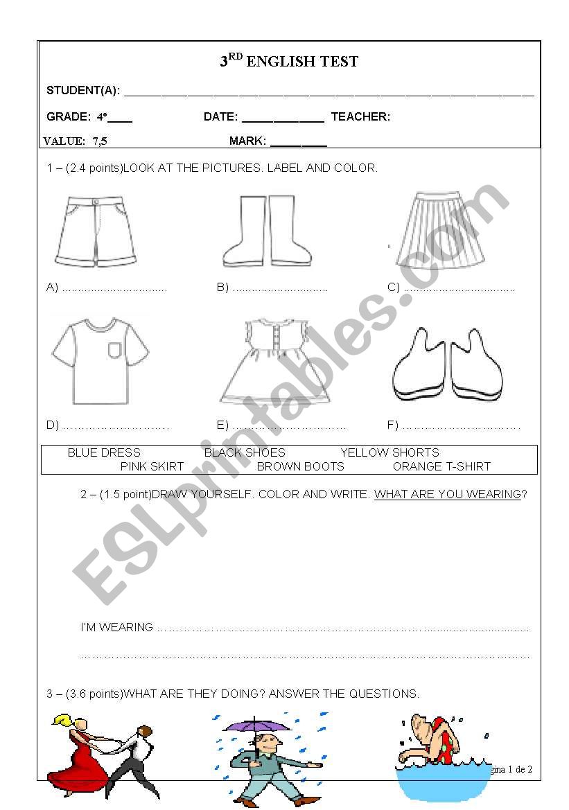 English Test 4th grade worksheet