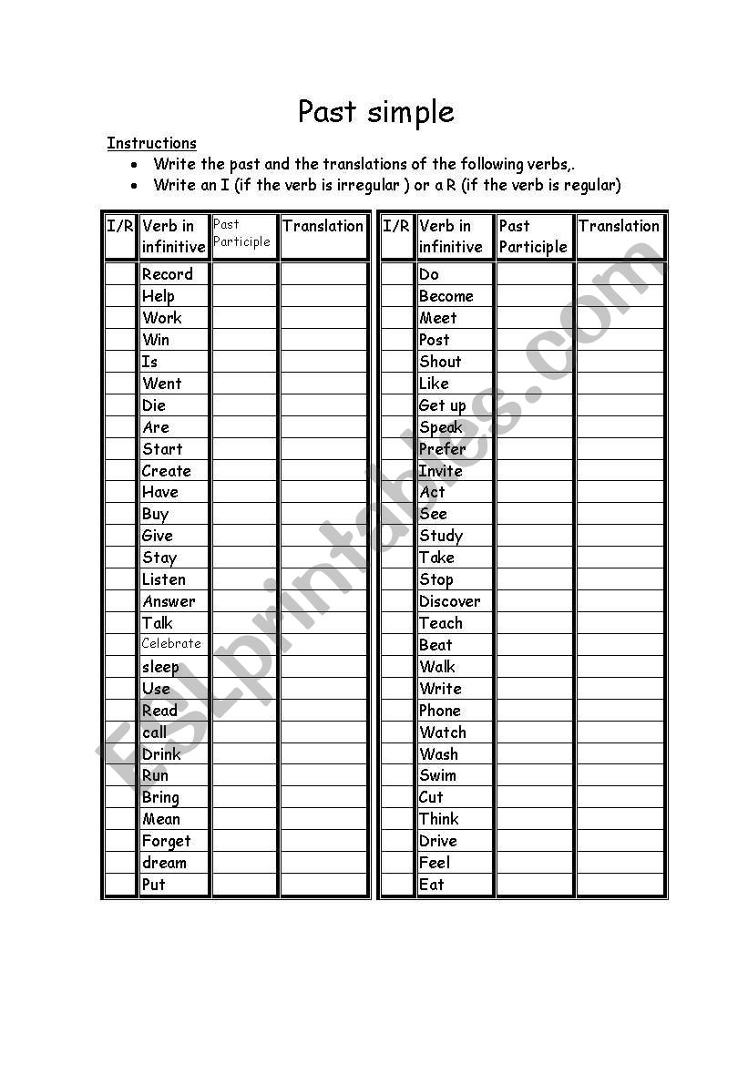 list of verbs worksheet