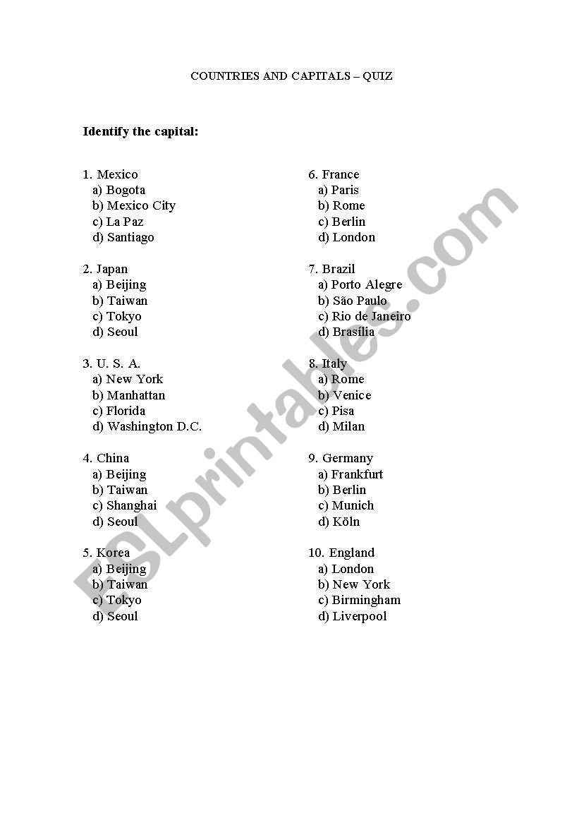 Countries and capitals quiz worksheet