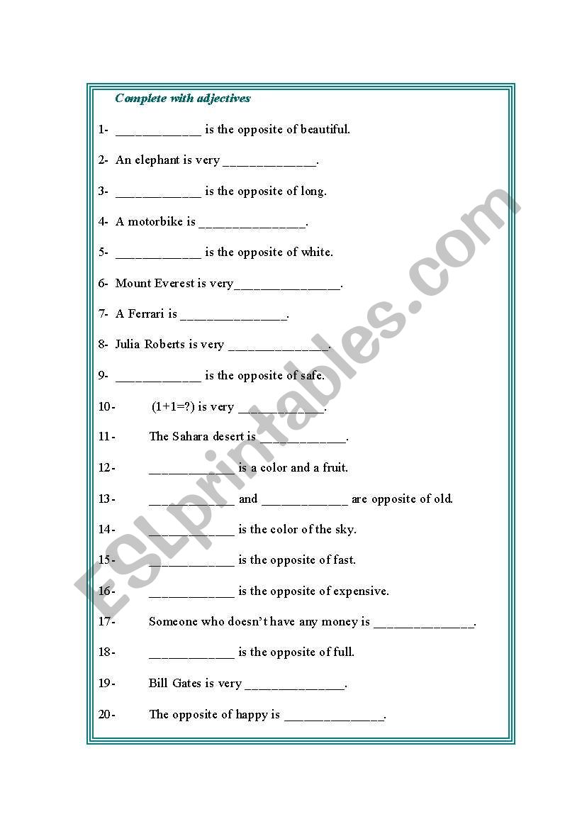 Complete with adjectives worksheet