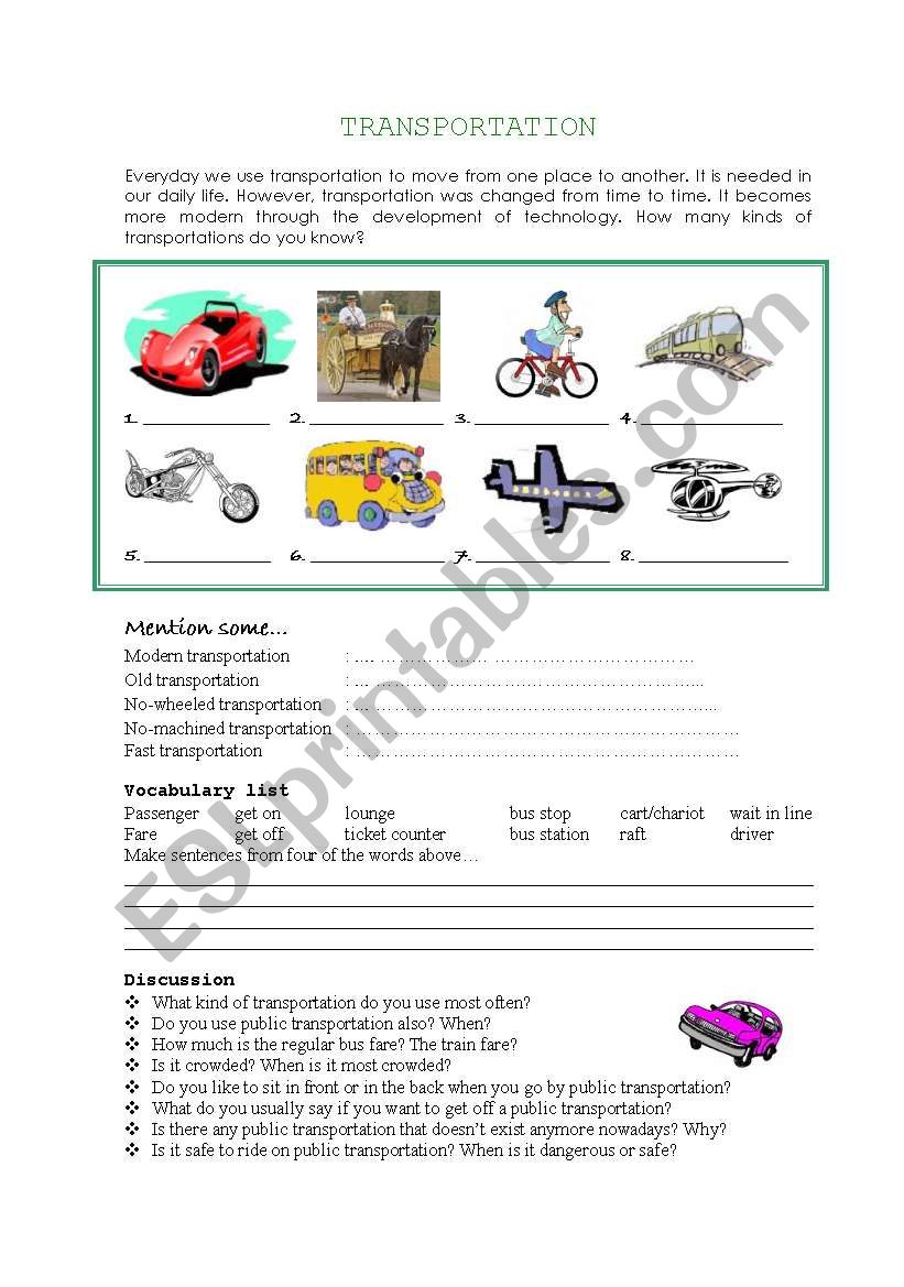 Transportation worksheet