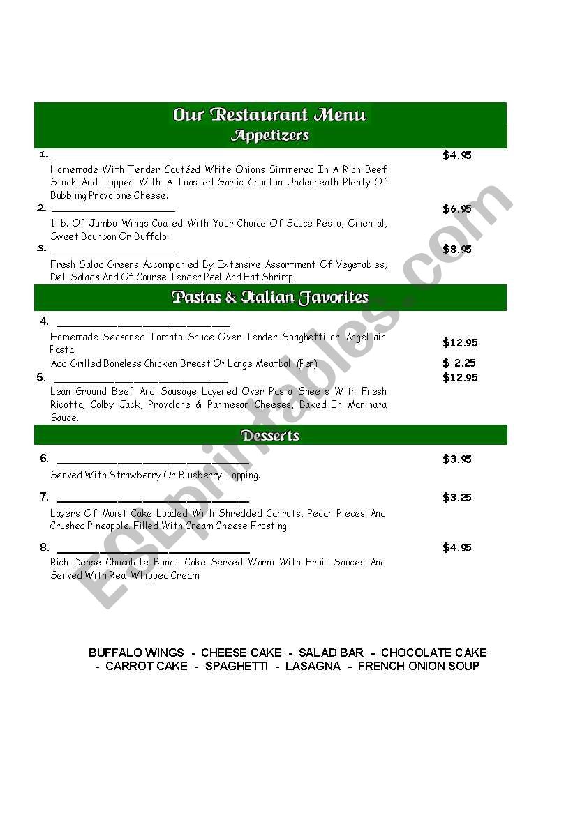 RESTAURANT MENU worksheet