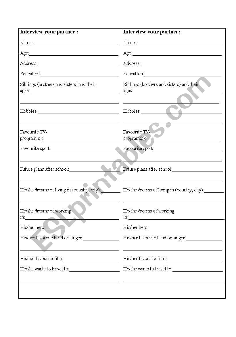 Interview your partner/ a question sheet