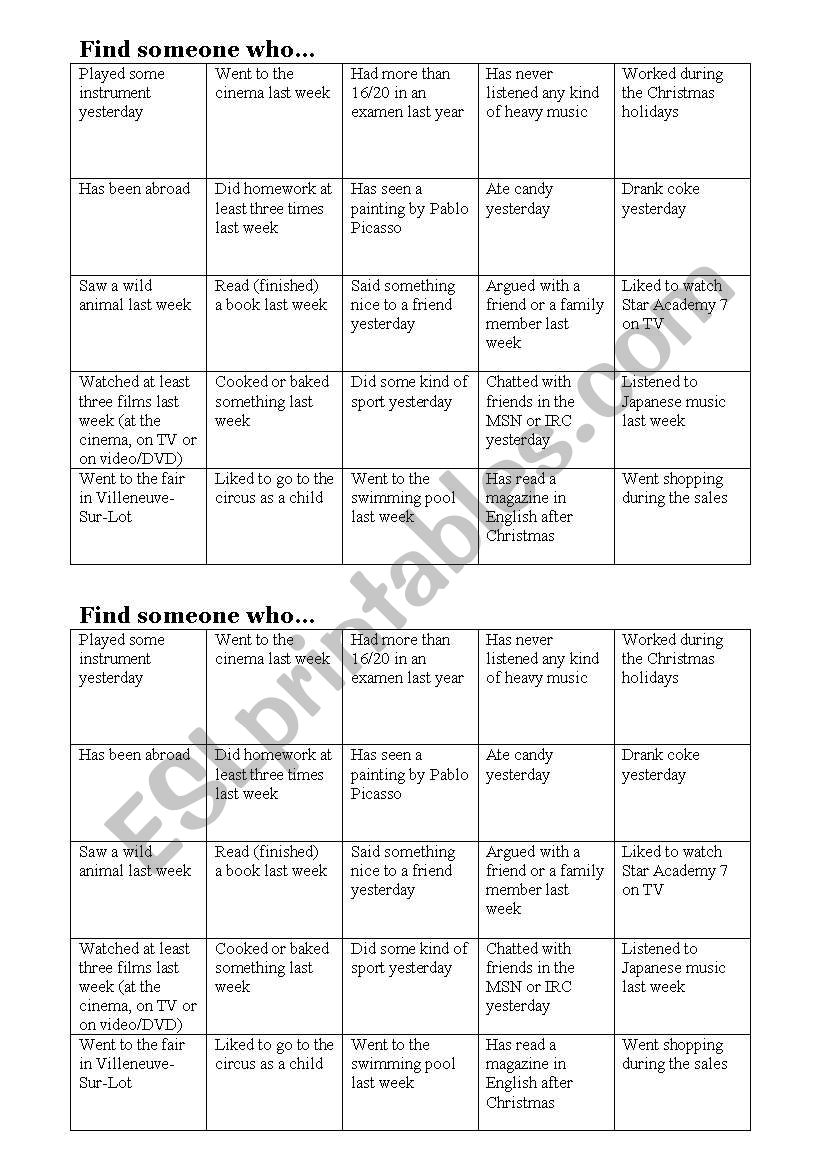 Human bingo / PAST FORMS worksheet