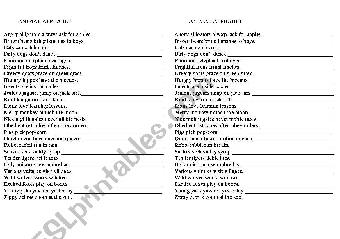 Animal Alphabet Poem worksheet