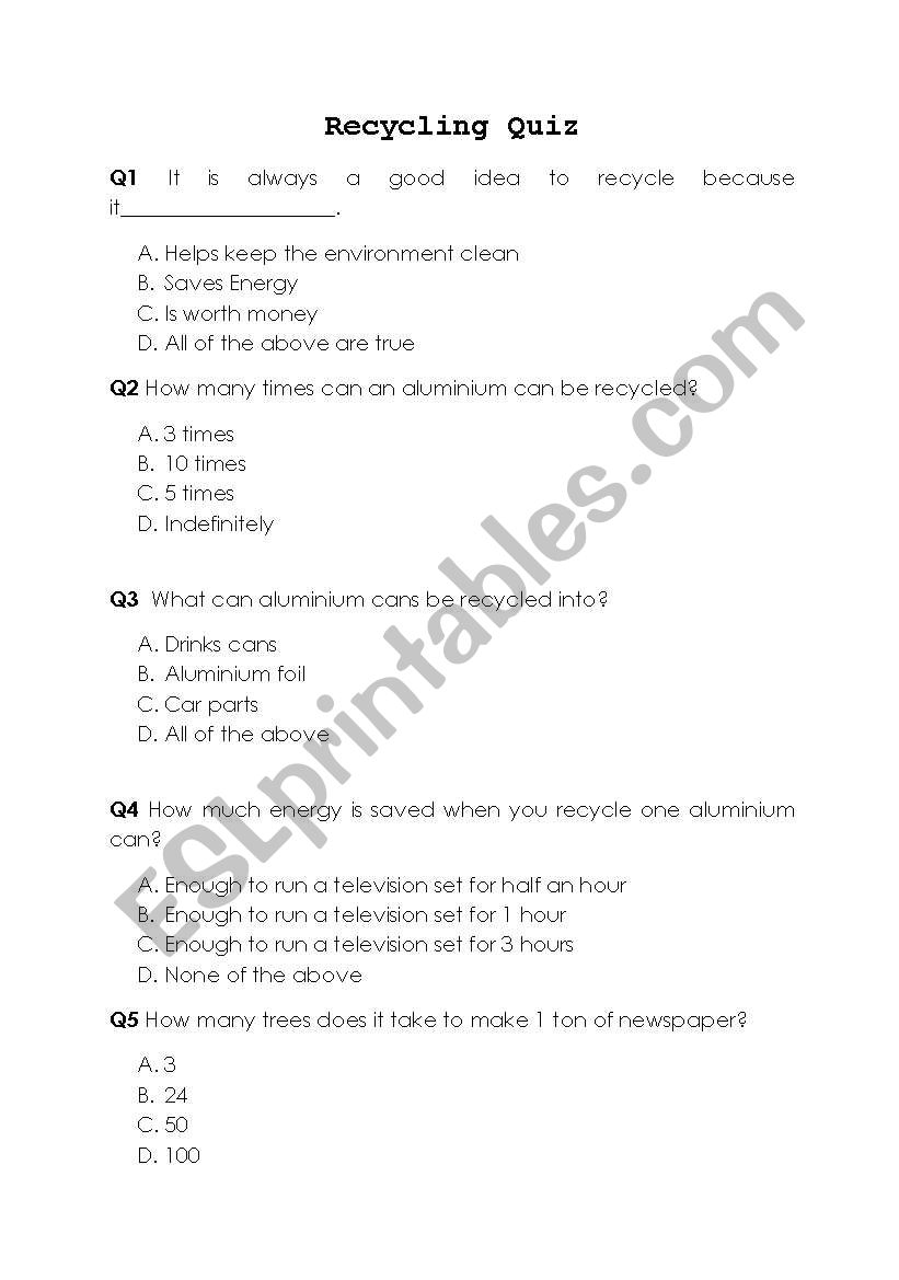 Recycling Quiz worksheet