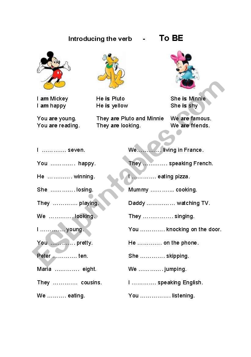 Disney Themed Worksheet: Introducing the verb: TO BE