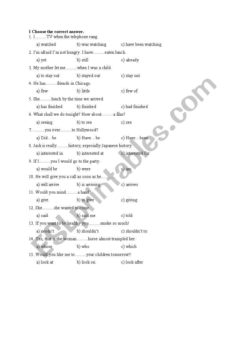 Grammar test-intermediate worksheet