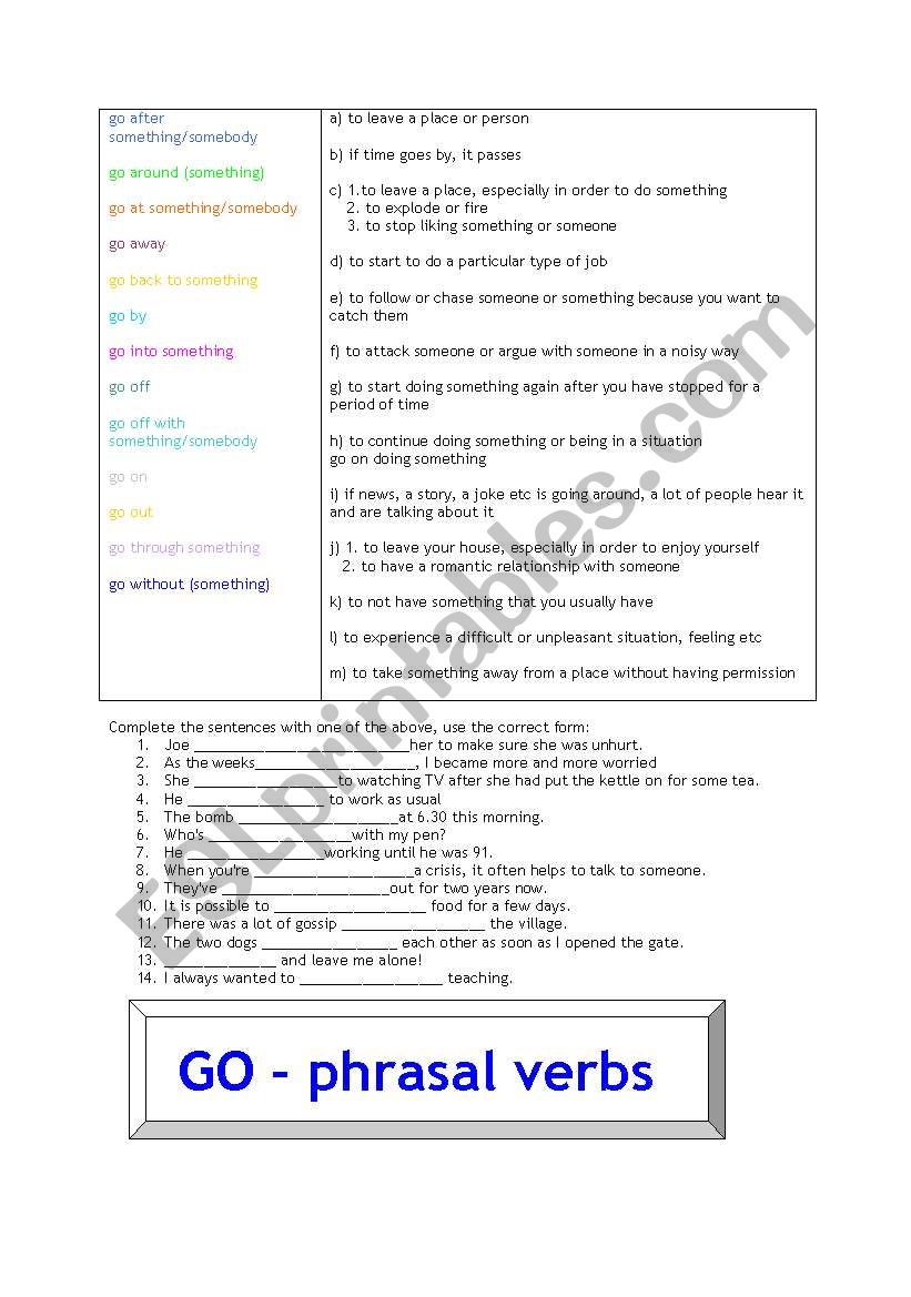 phrasal verbs with go worksheet