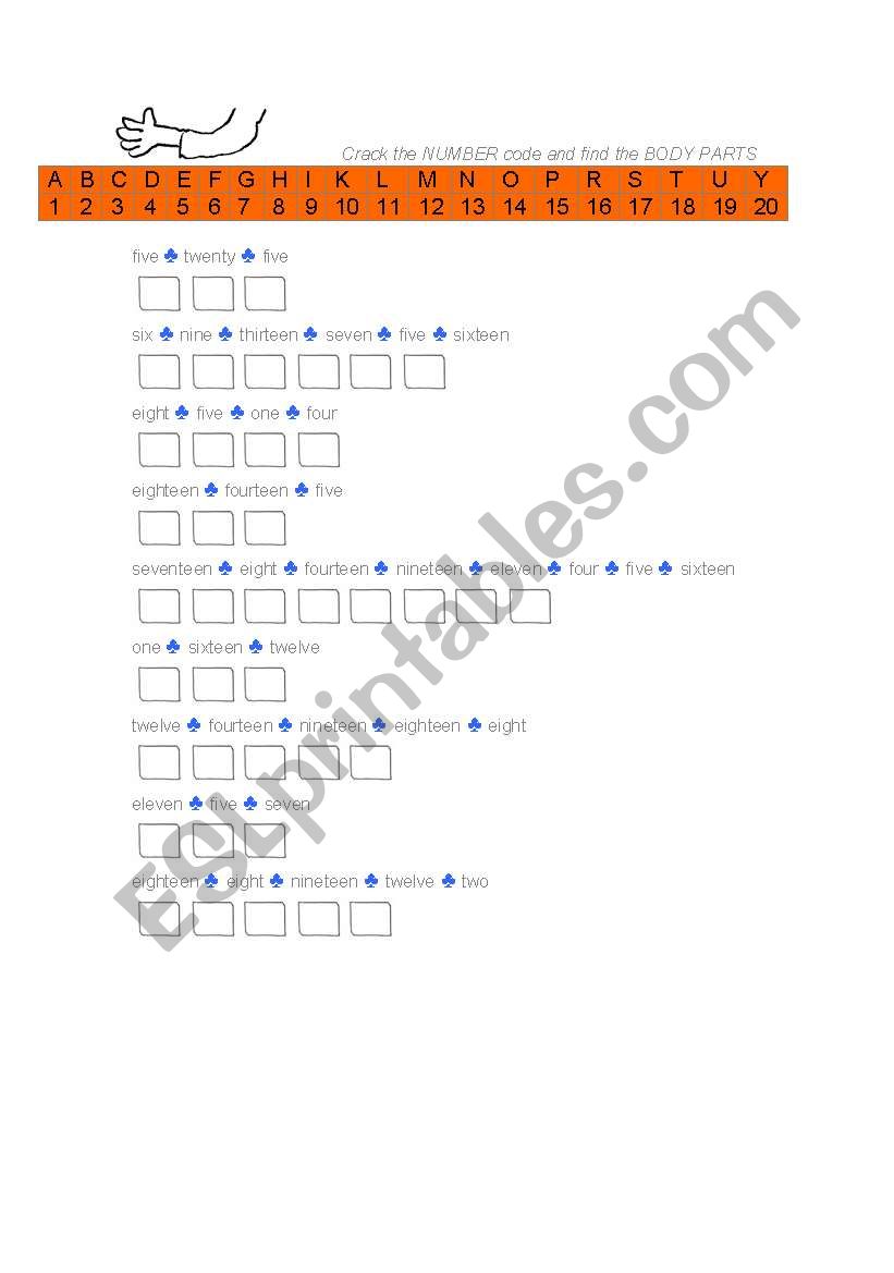 Practice Numbers 1-20 with Number Code - Body Part answers