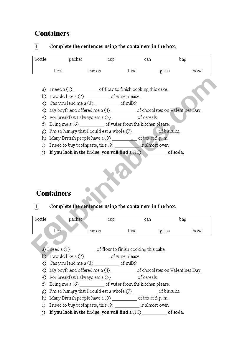 Containers exercise worksheet