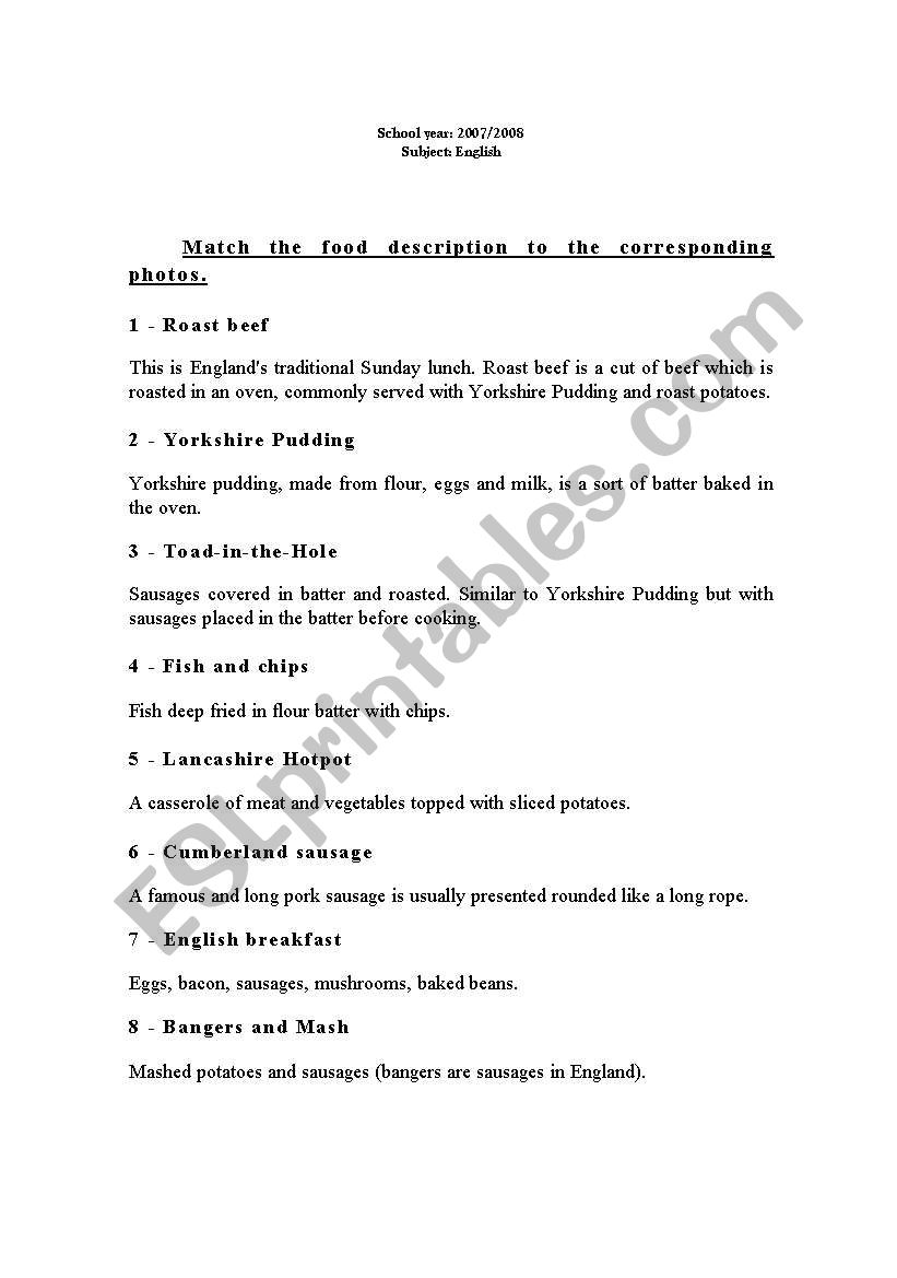 Food of England worksheet