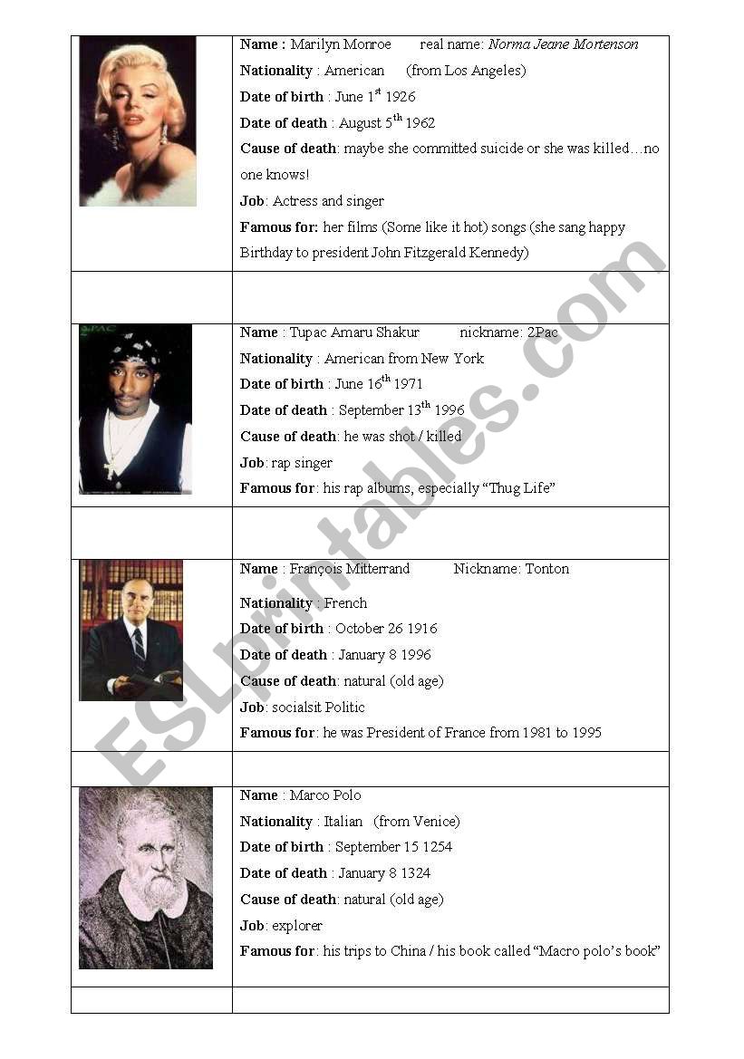 Biography cards worksheet