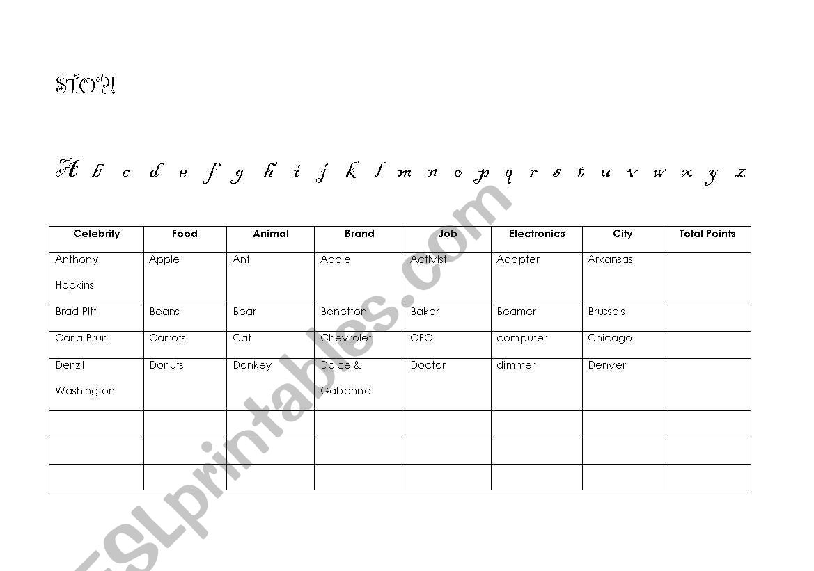 STOP! worksheet