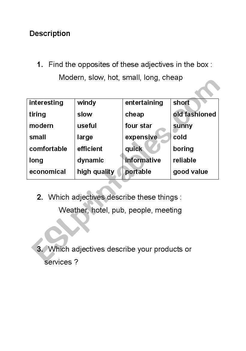 describing worksheet