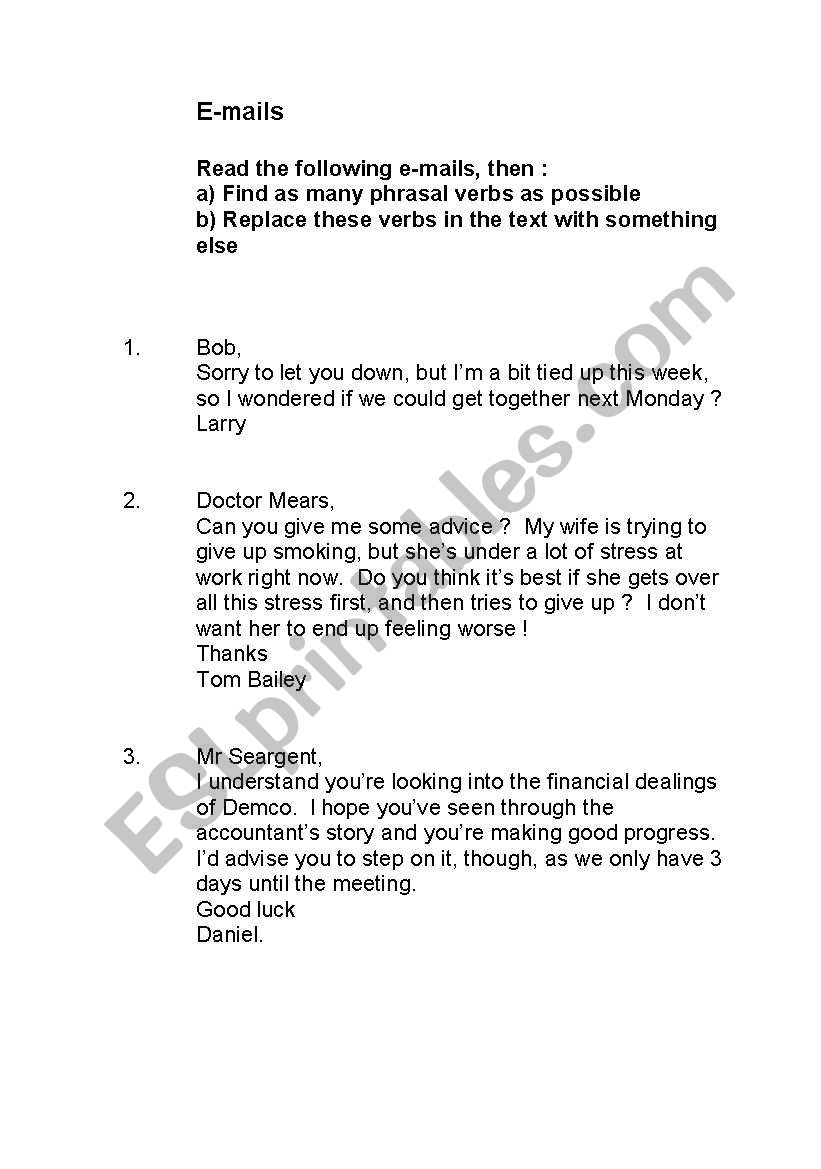 phrasal verbs in e-mails worksheet