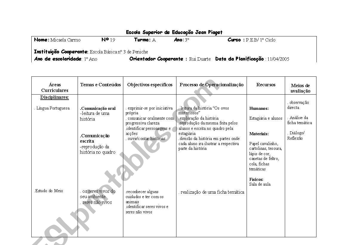 Planification worksheet