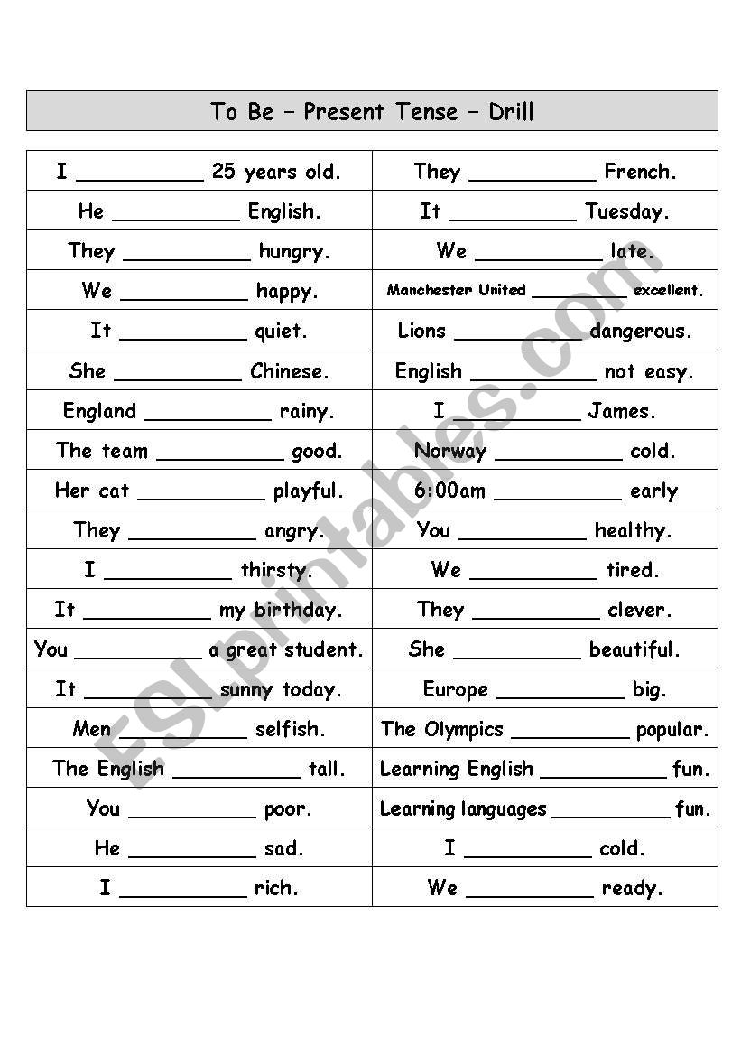To Be - Present Tense - Drill worksheet