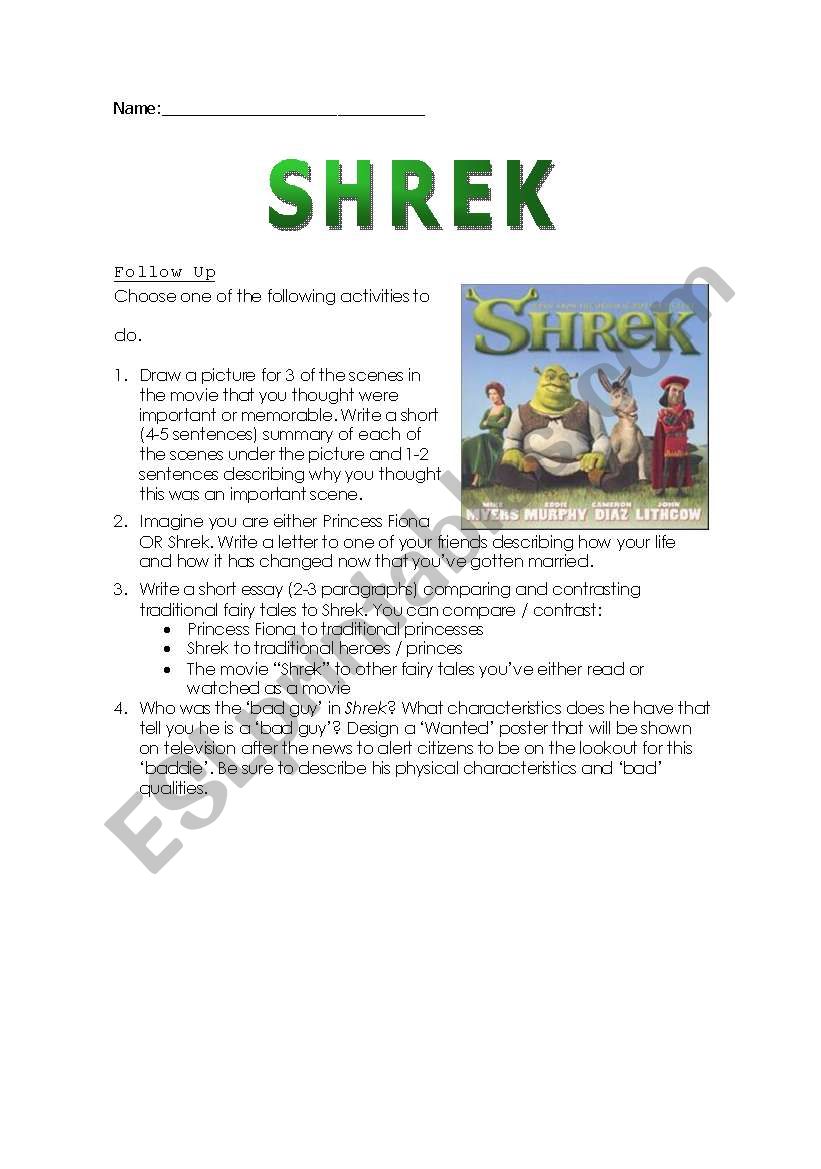 Shrek 1 Movie Follow Up Activities