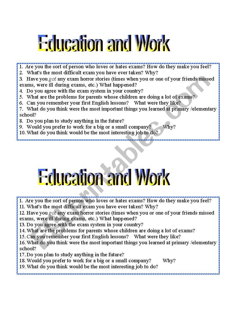 Education and Work speaking worksheet