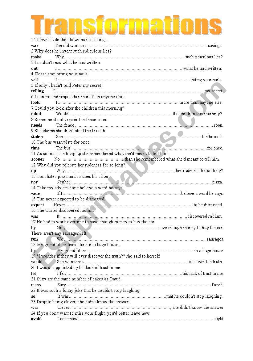 FCE Transformations worksheet