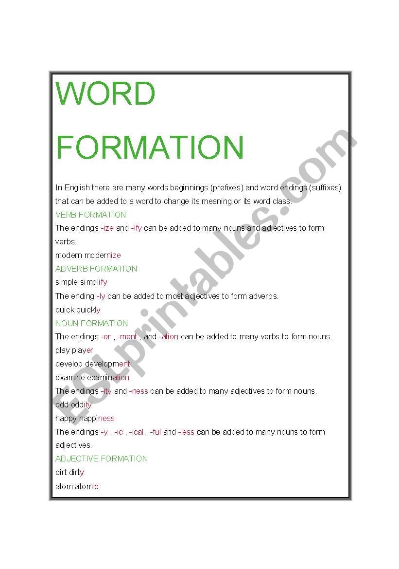 Word formation worksheet