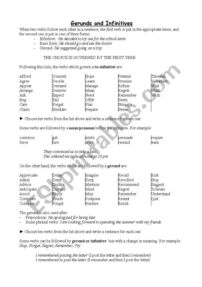 gerunds or infinitives  worksheet