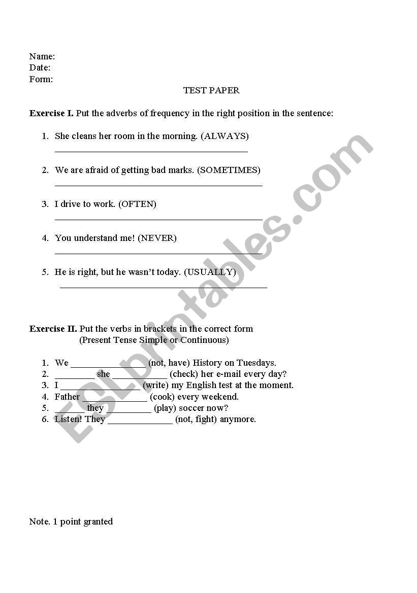 Test papers - 6th and 7th grade