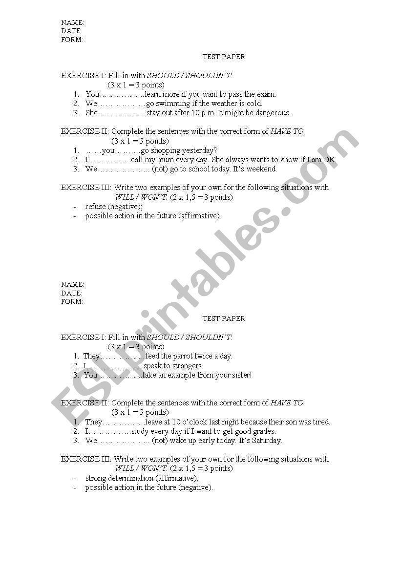 Test papers - 8th grade worksheet