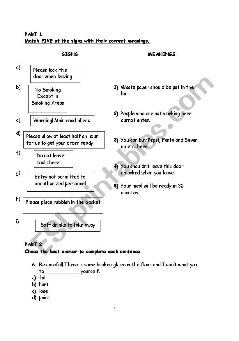 Reading Final Test Practice worksheet