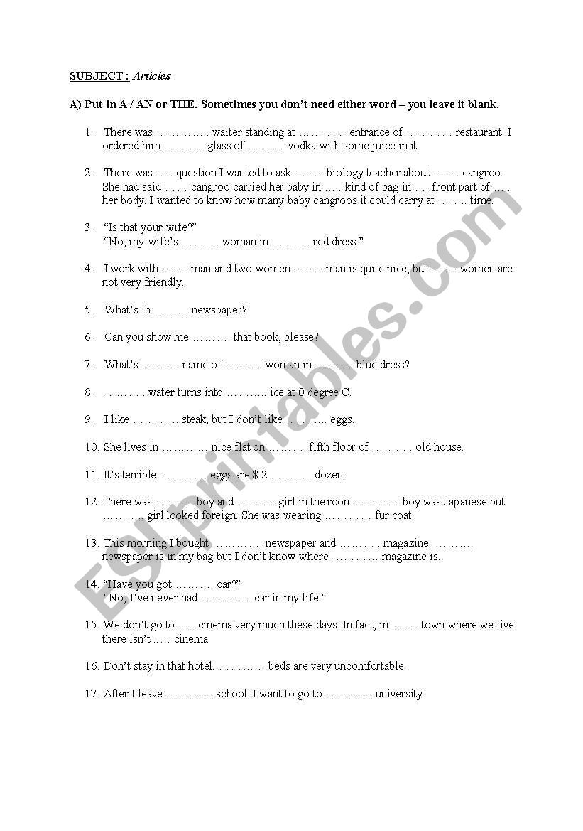 articles worksheet