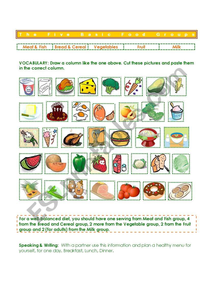 Five Basic Food Groups worksheet