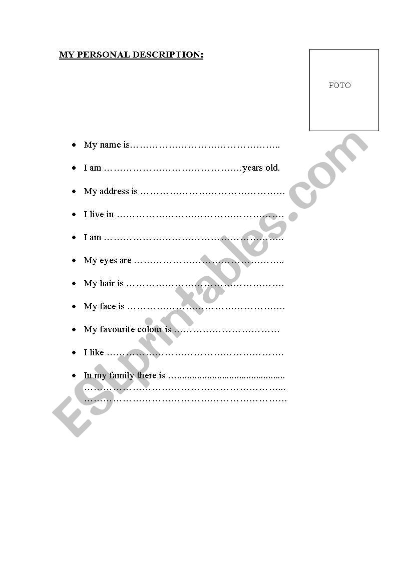 my personal description worksheet