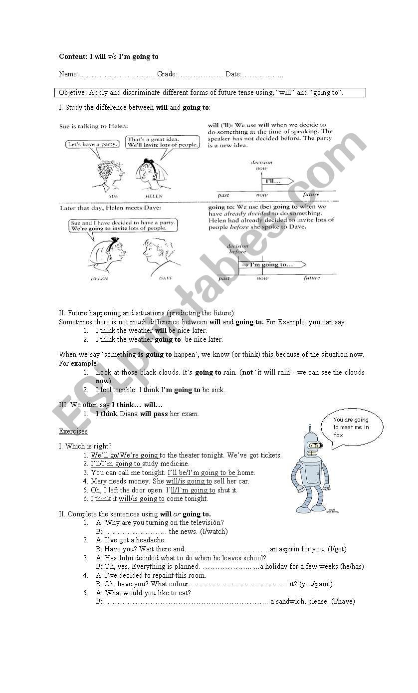 will vs going to worksheet