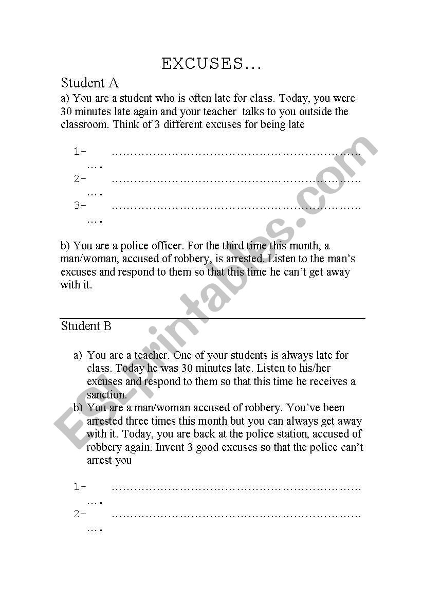 Excuses worksheet