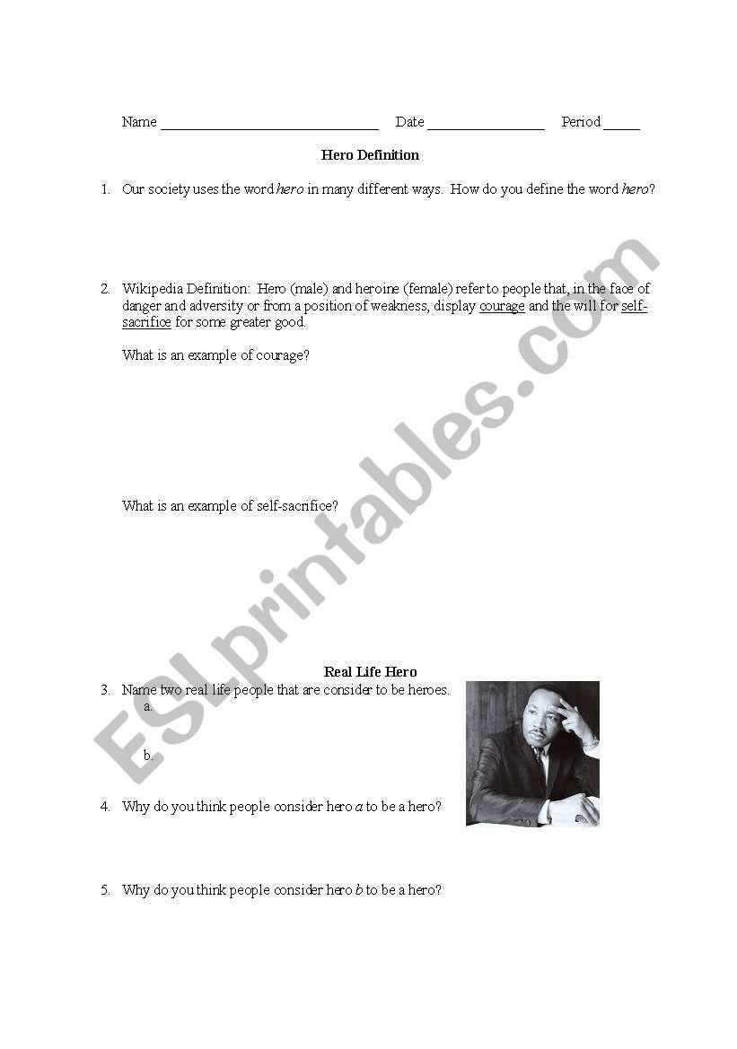 Real Life Hero Assignment worksheet