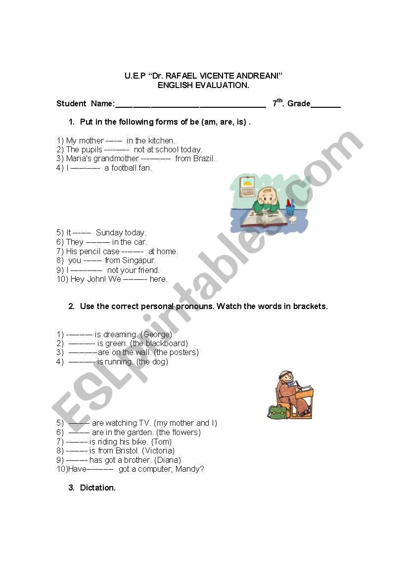 Verb To Be Evaluation worksheet