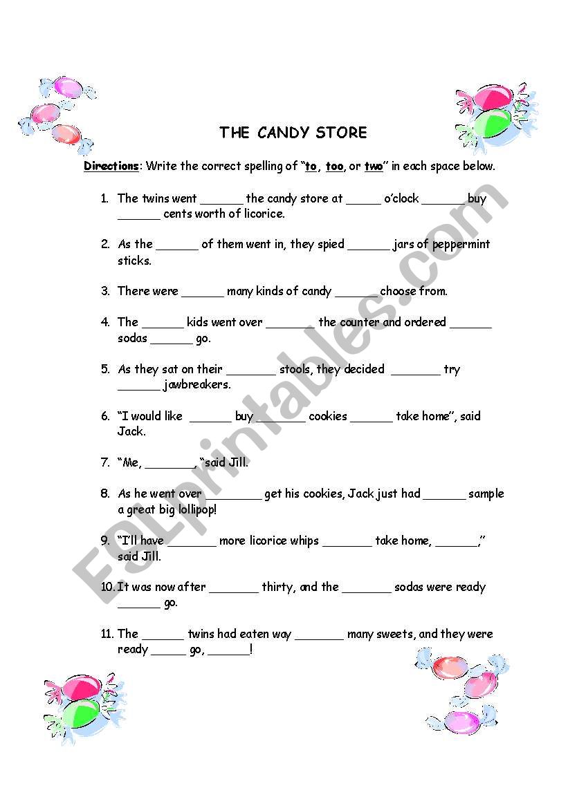 Too, Two and Too (Homophones) worksheet